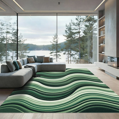 Deep Emerald Abstract Wavy Stripes Rug