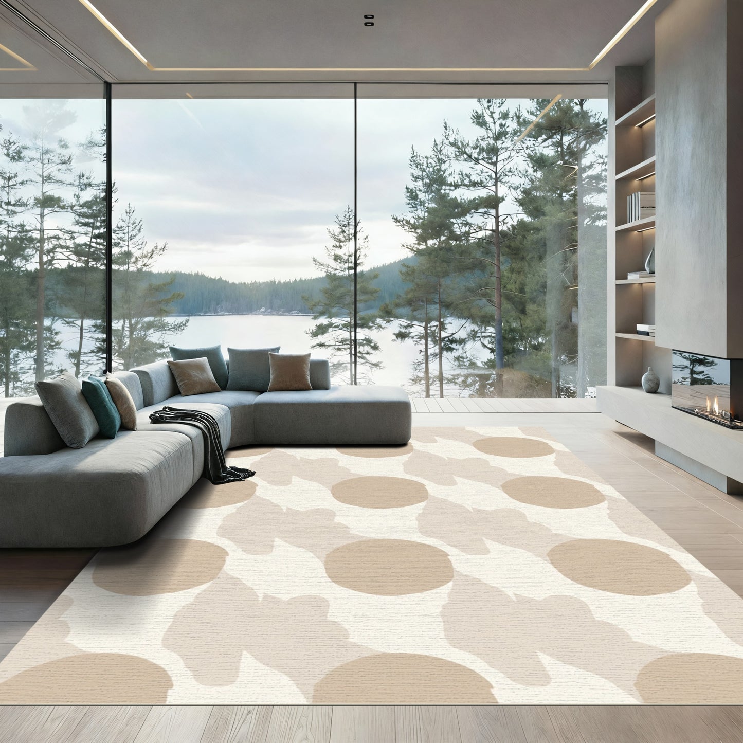 Cream and Tan Abstract Polka Dot Rug
