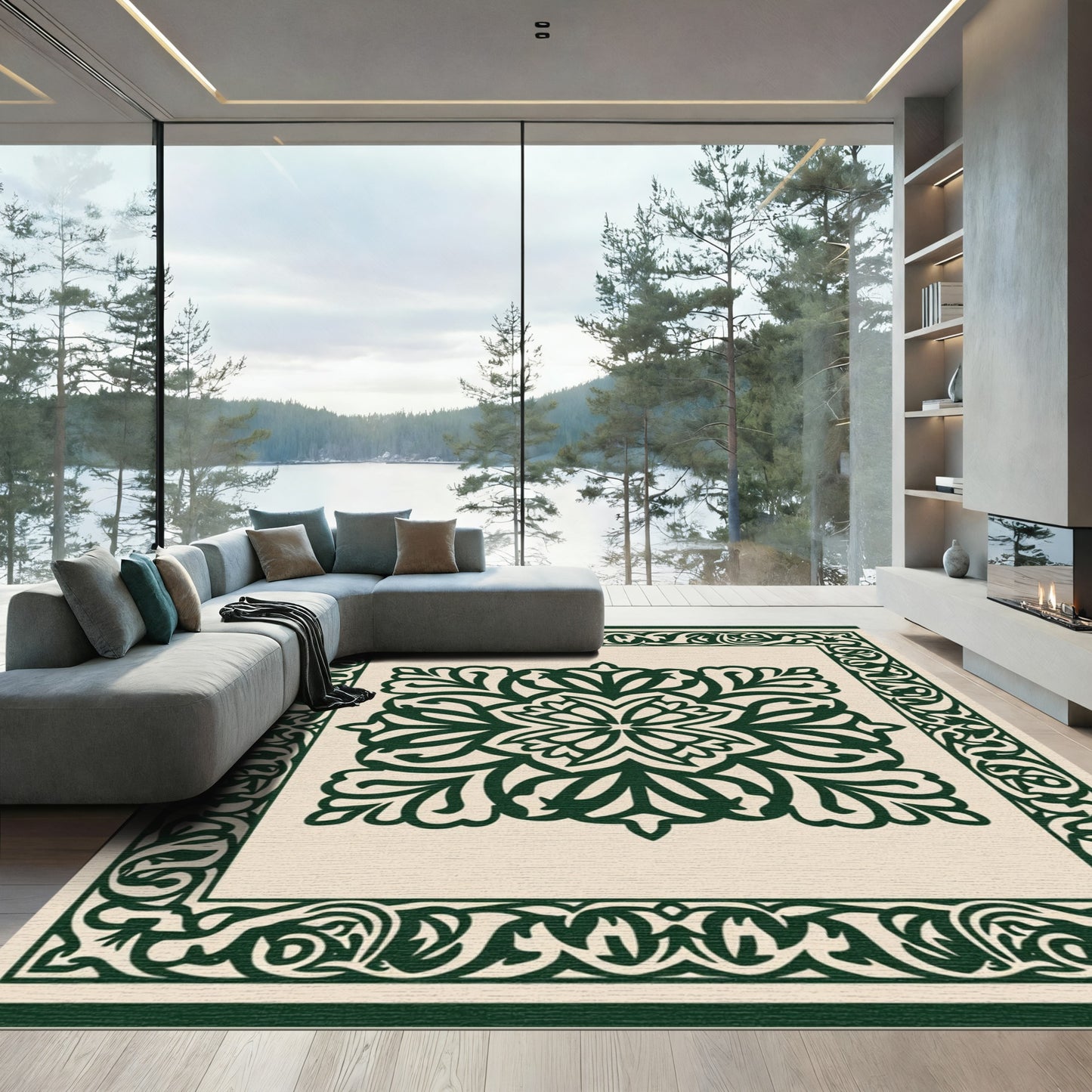 Forest Green Floral Medallion Frame Rug