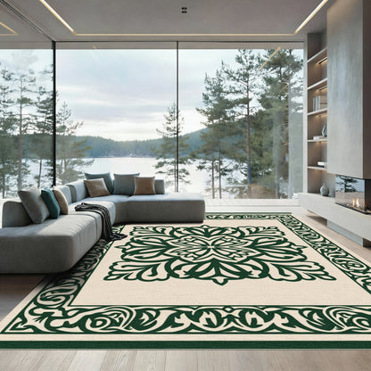 Forest Green Floral Medallion Frame Rug