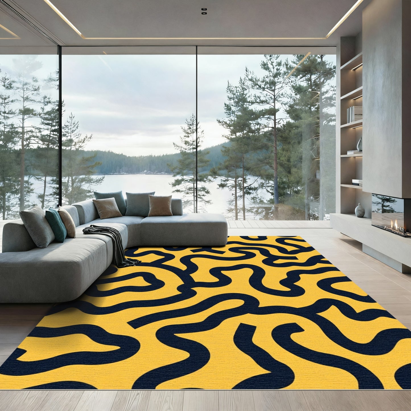 Abstract Mustard Swirl Maze Rug