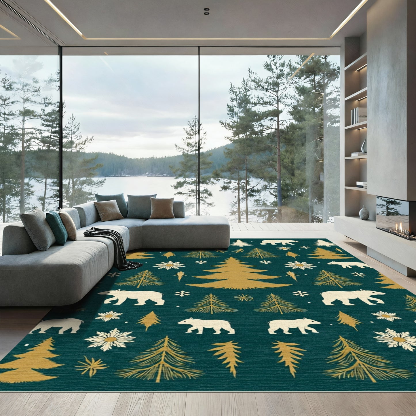 White Bears Gold Pine Trees Rug