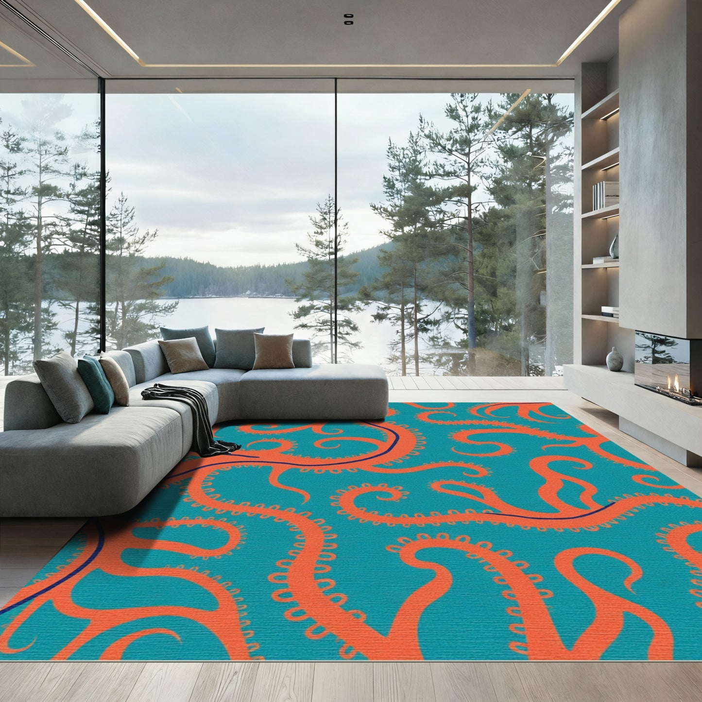 Orange Octopus Tentacles Teal Background Rug