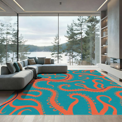 Orange Octopus Tentacles Teal Background Rug
