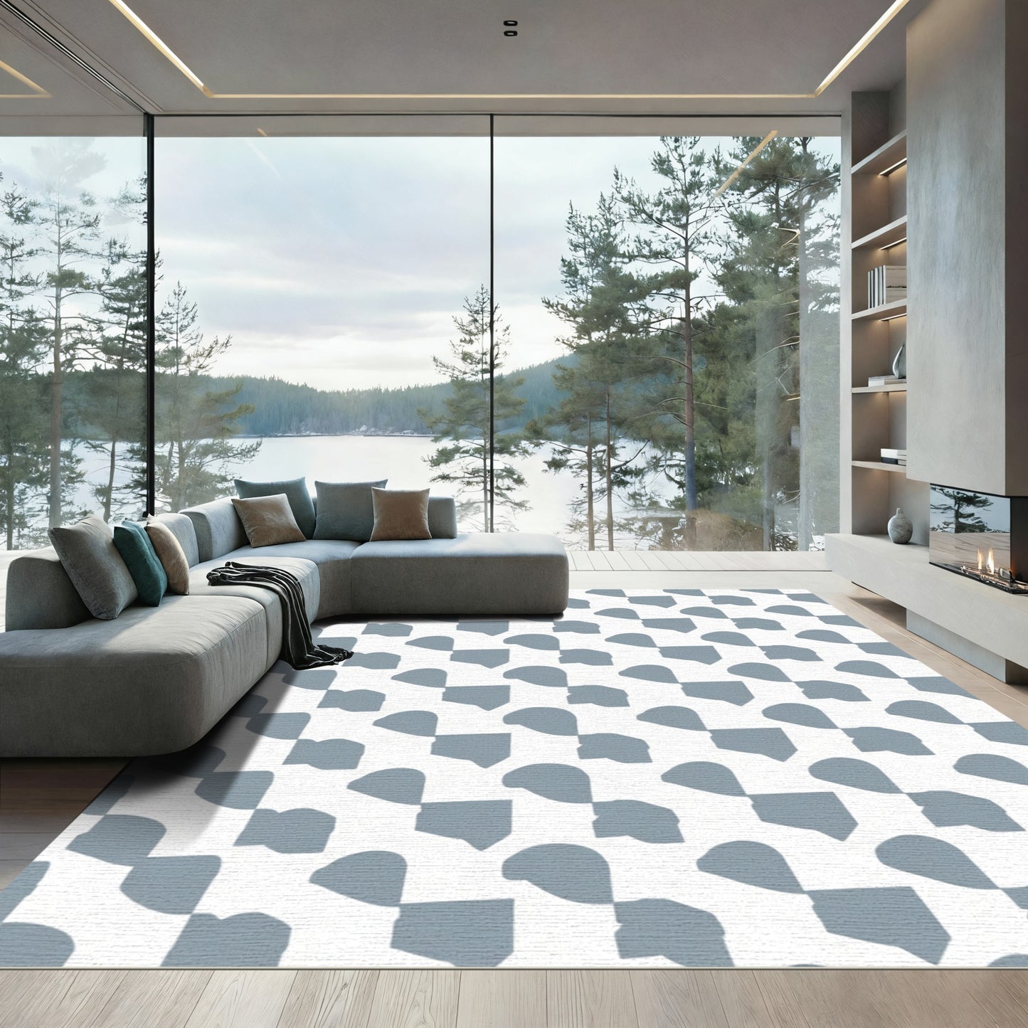 Soft Blue Abstract Squares Arrangement Rug