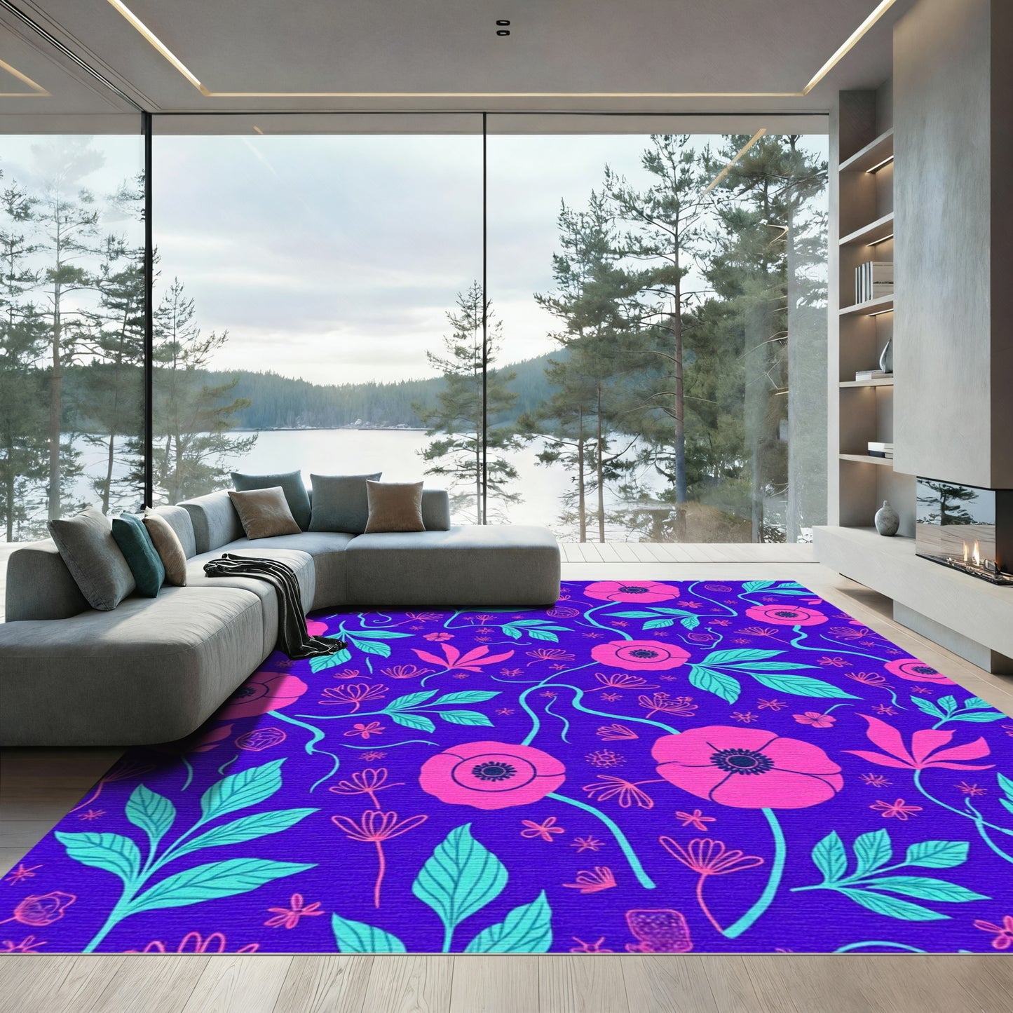 Bold Pink Poppy Floral Vine Rug