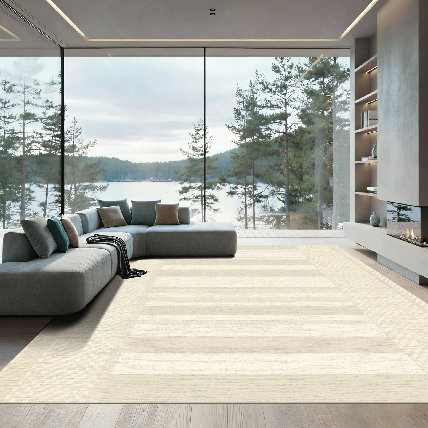 Subtle Beige Striped Geometric Accent Rug