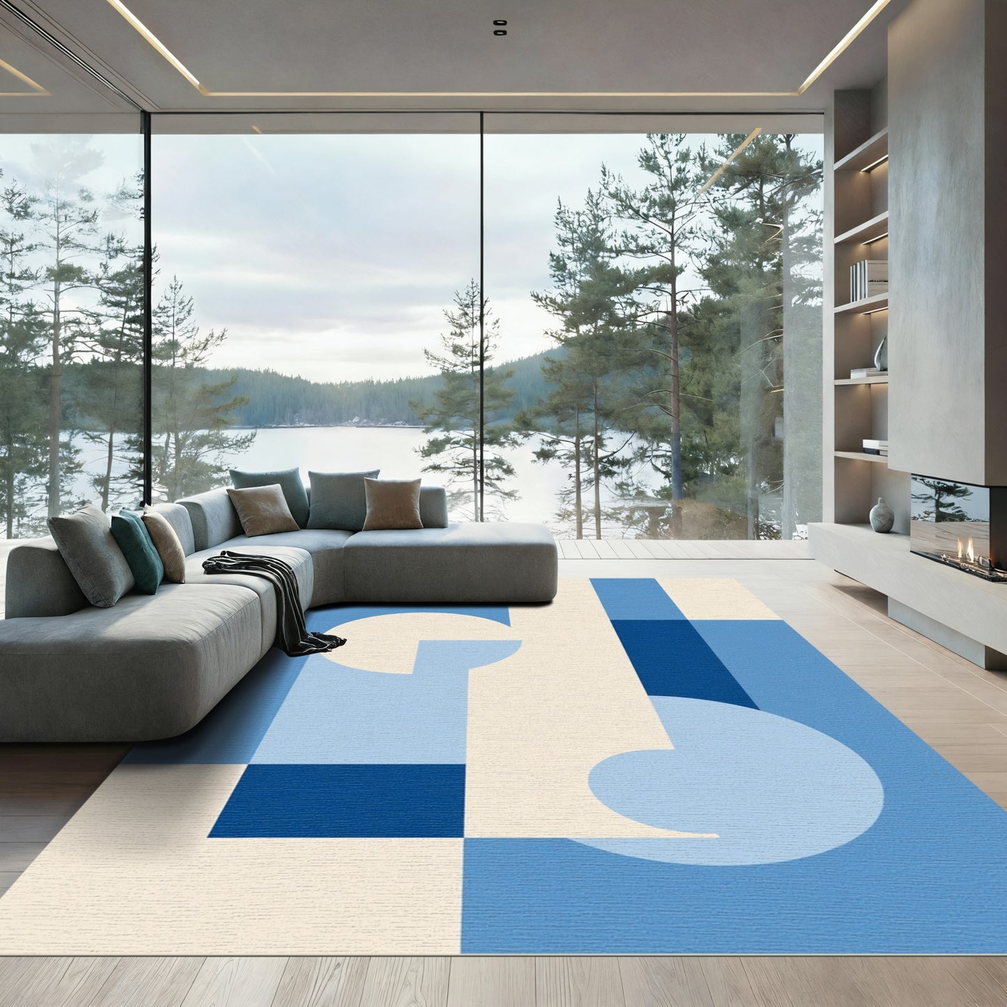 Modern Geometric Abstract Blue Cream Rug