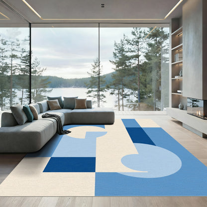 Modern Geometric Abstract Blue Cream Rug