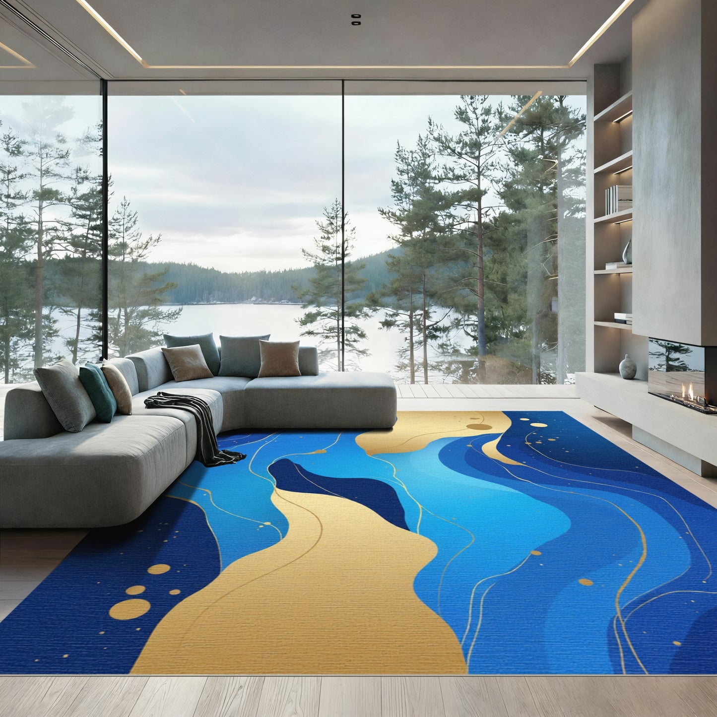 Deep Blue Golden Organic Wave Rug