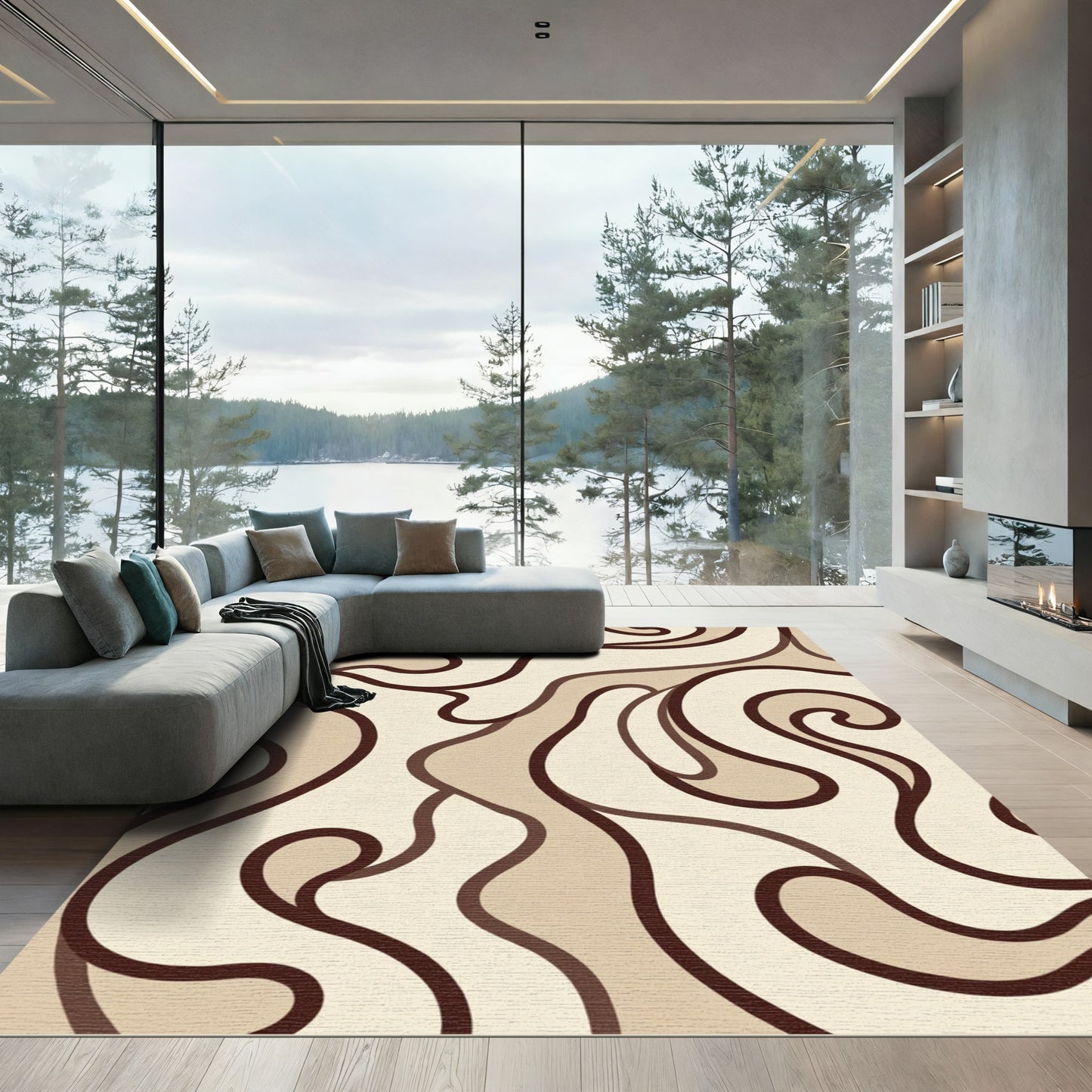 Brown and Beige Swirl Abstract Rug