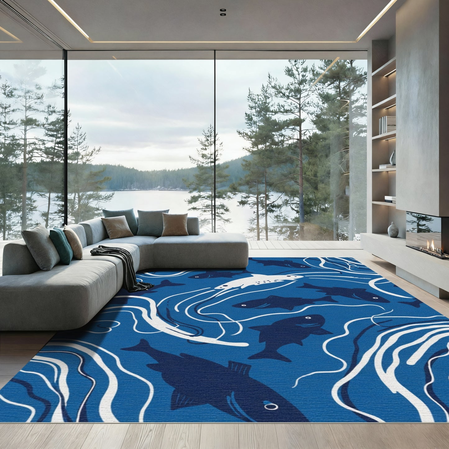 Deep Blue Aquatic Fish Swirl Rug