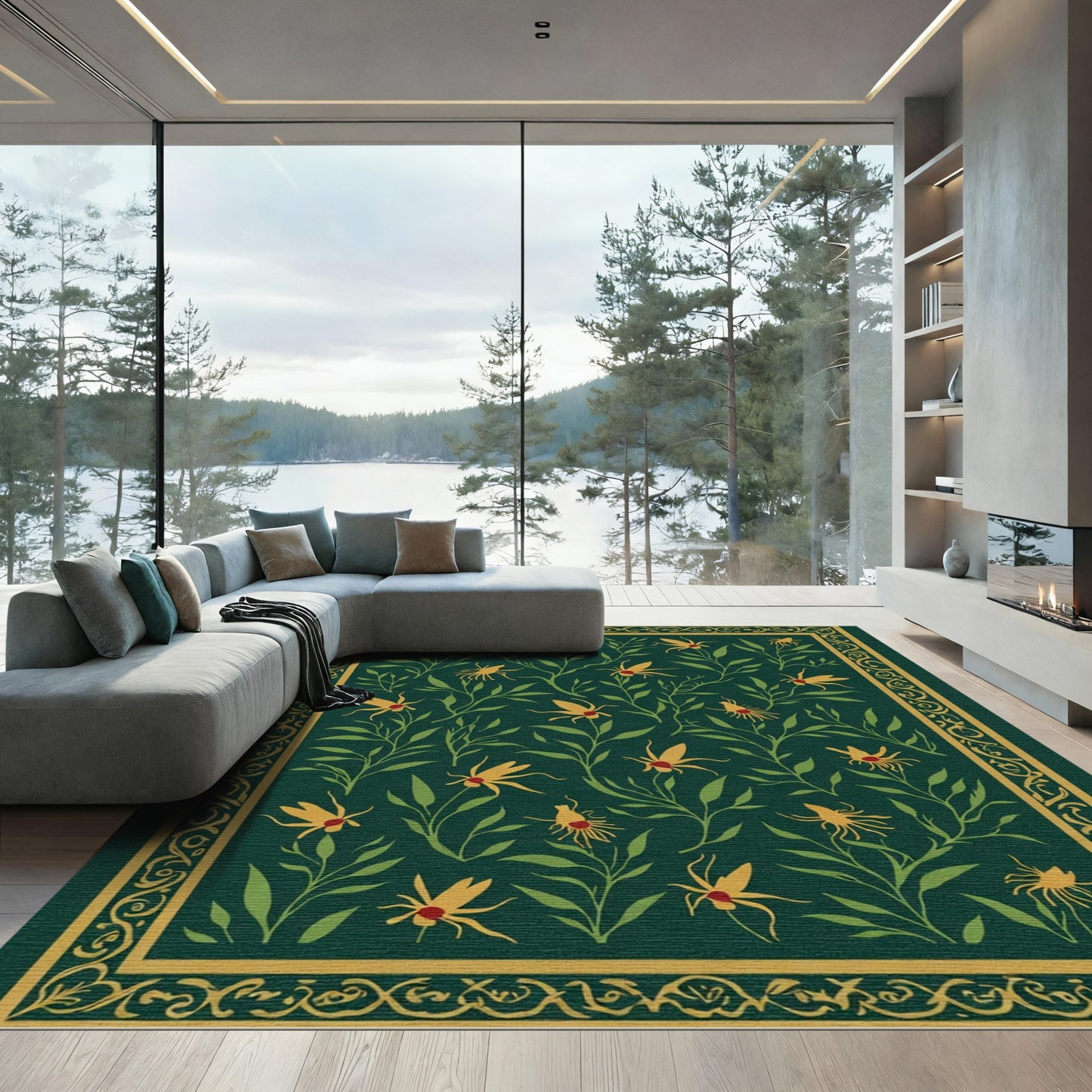 Deep Green Yellow Insect Vine Rug