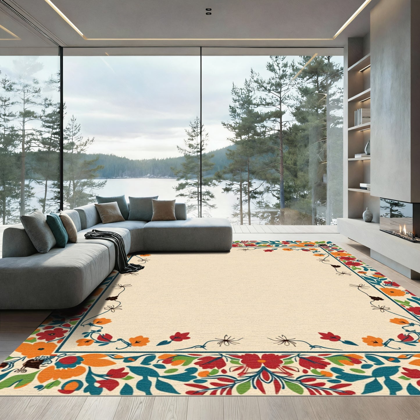 Bold Red Orange Floral Border Rug