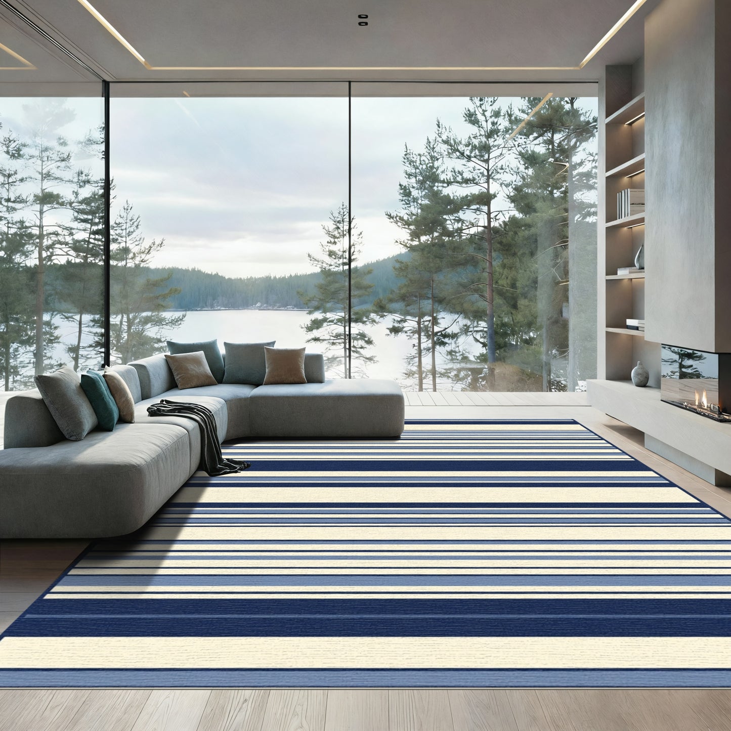 Navy Blue Cream Lined Contemporary Rug