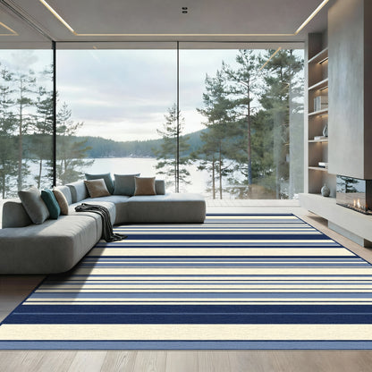 Navy Blue Cream Lined Contemporary Rug