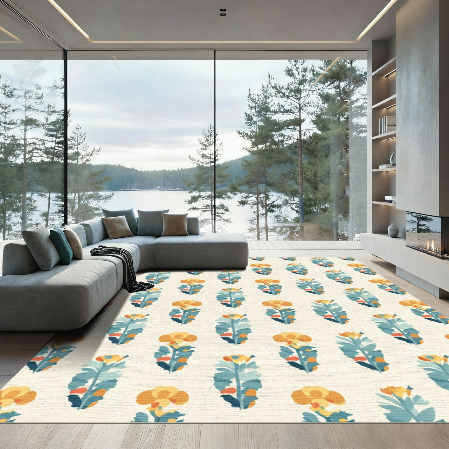 Golden Yellow Teal Budding Blossom Rug