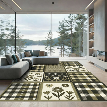 Olive Plaid Floral Patchwork Rug