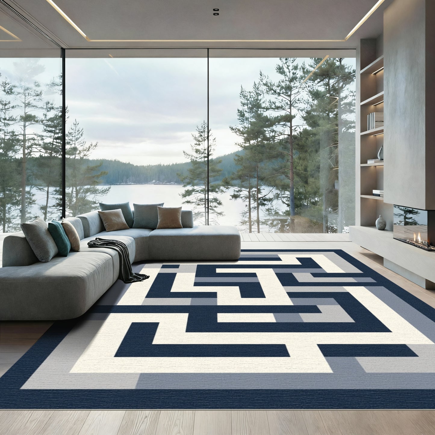 Navy White Gray Geometric Maze Rug