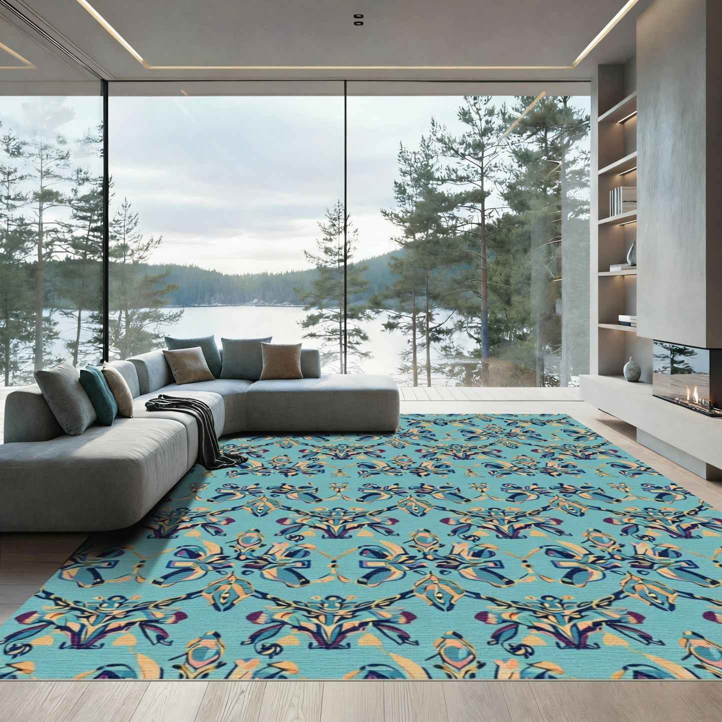 Turquoise Abstract Floral Medallion Rug