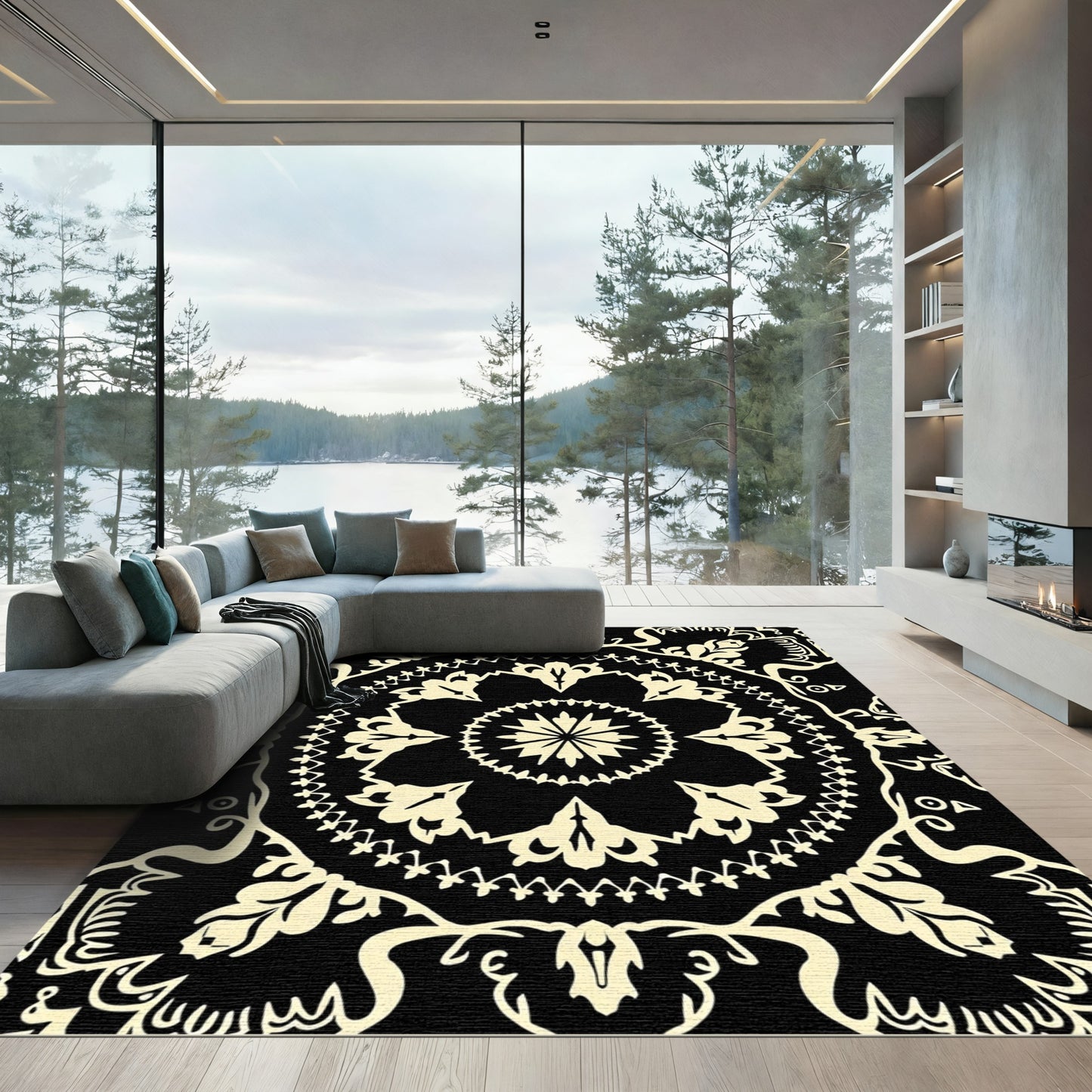 Cream Rococo Floral Medallion Black Rug