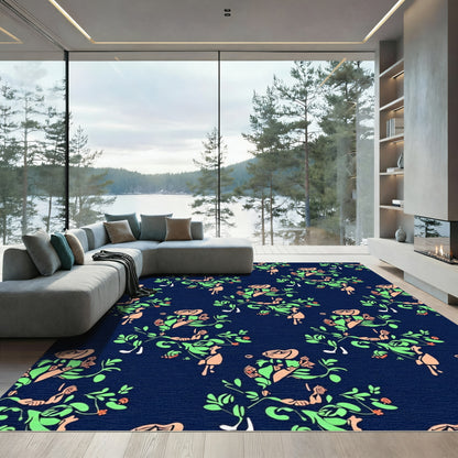 Navy Coral Green Floral Vines Rug