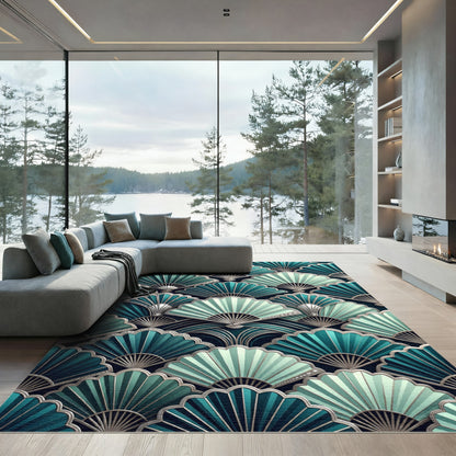 Art Deco Deep Teal Fan Overlap Rug