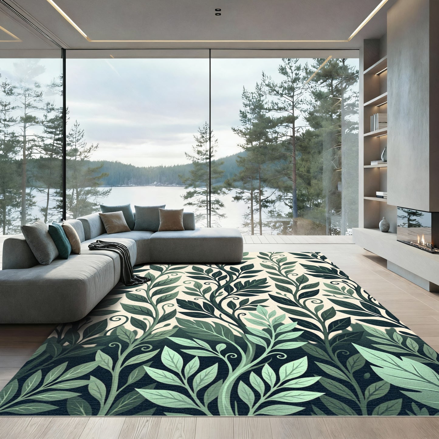 Emerald Green Leafy Vine Composition Rug