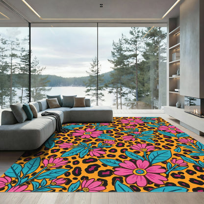 Vibrant Pink Floral Leopard Print Rug