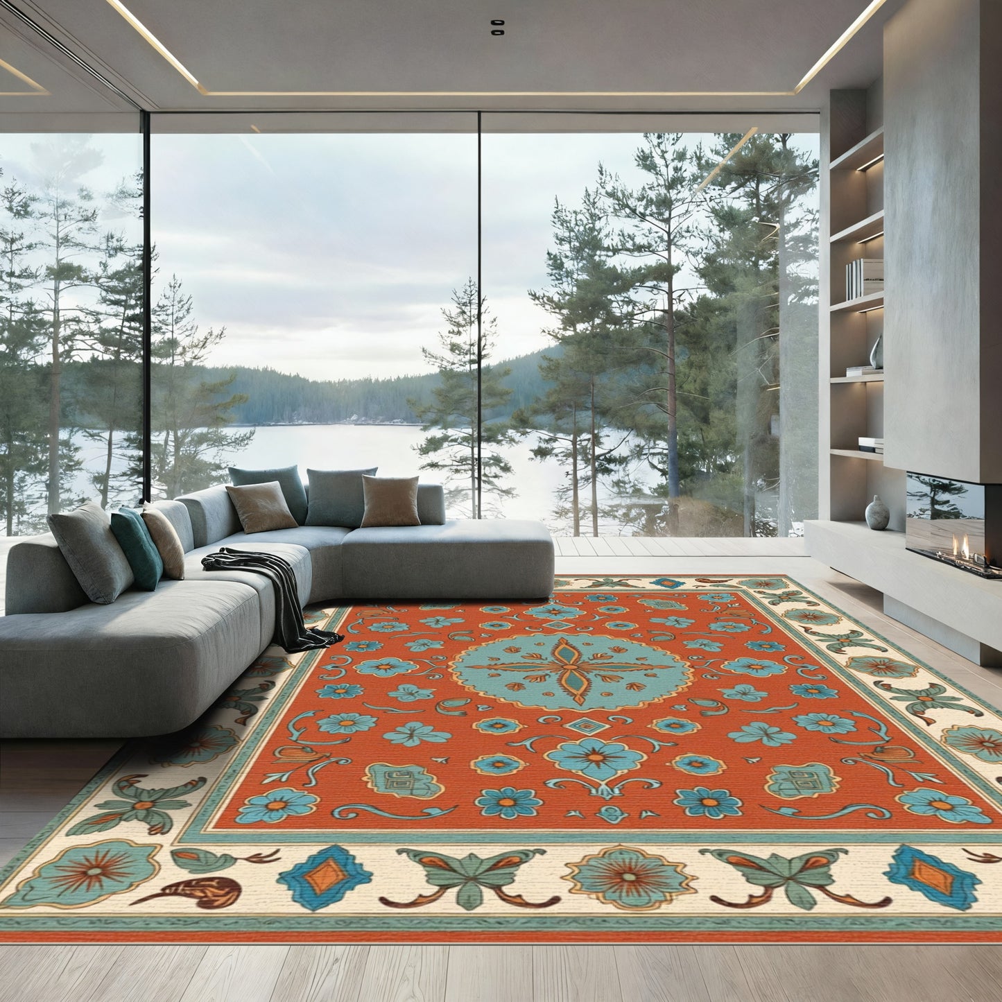 Terracotta Blue Floral Medallion Borders Rug