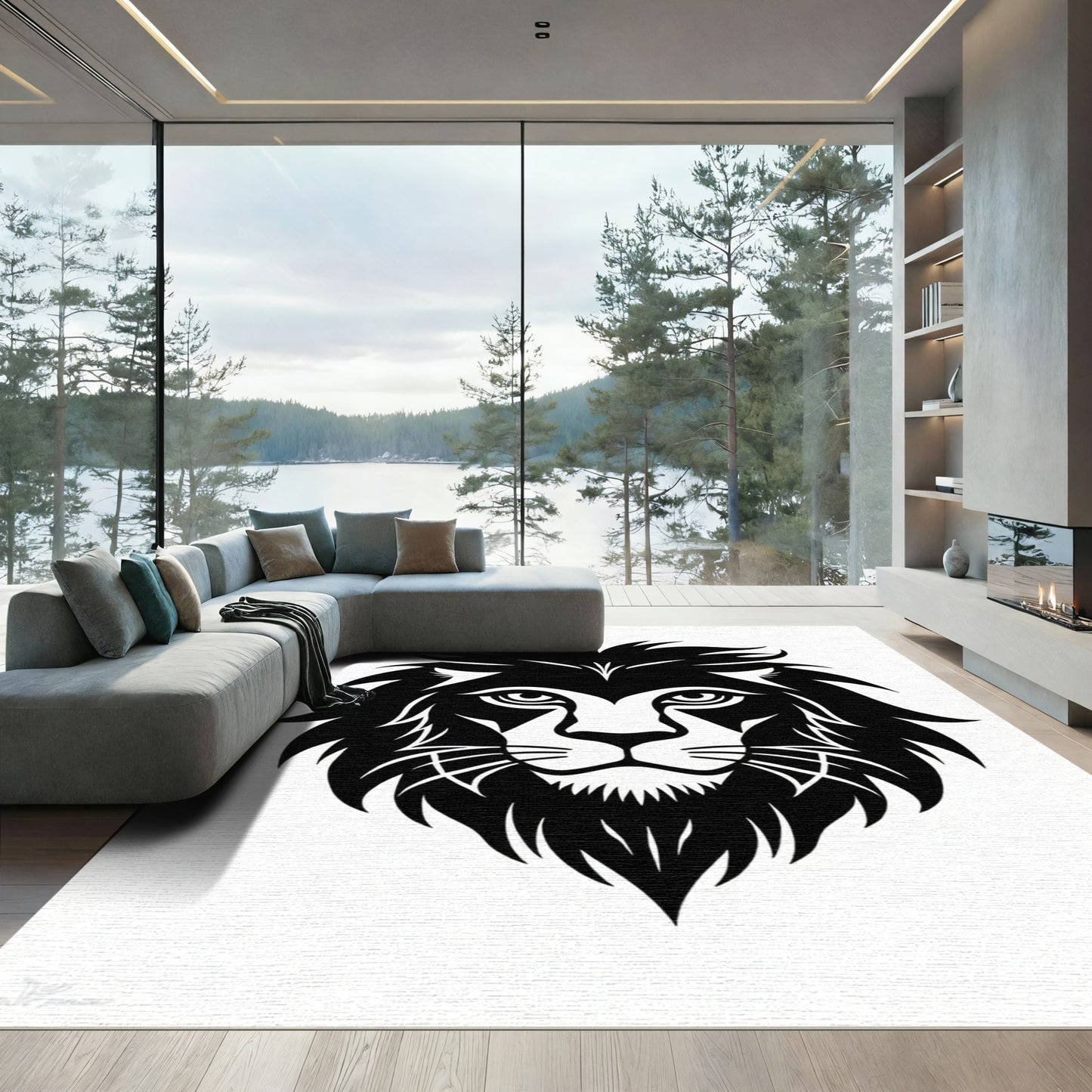 Bold Black Lion Head Statement Rug