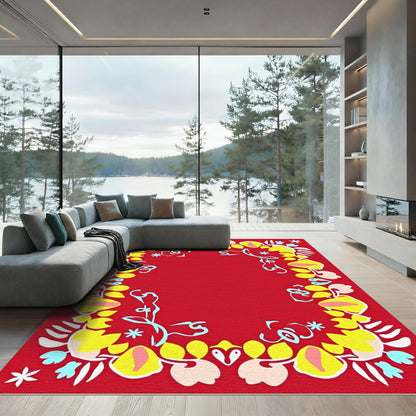 Whimsical Red Yellow Floral Frame Rug