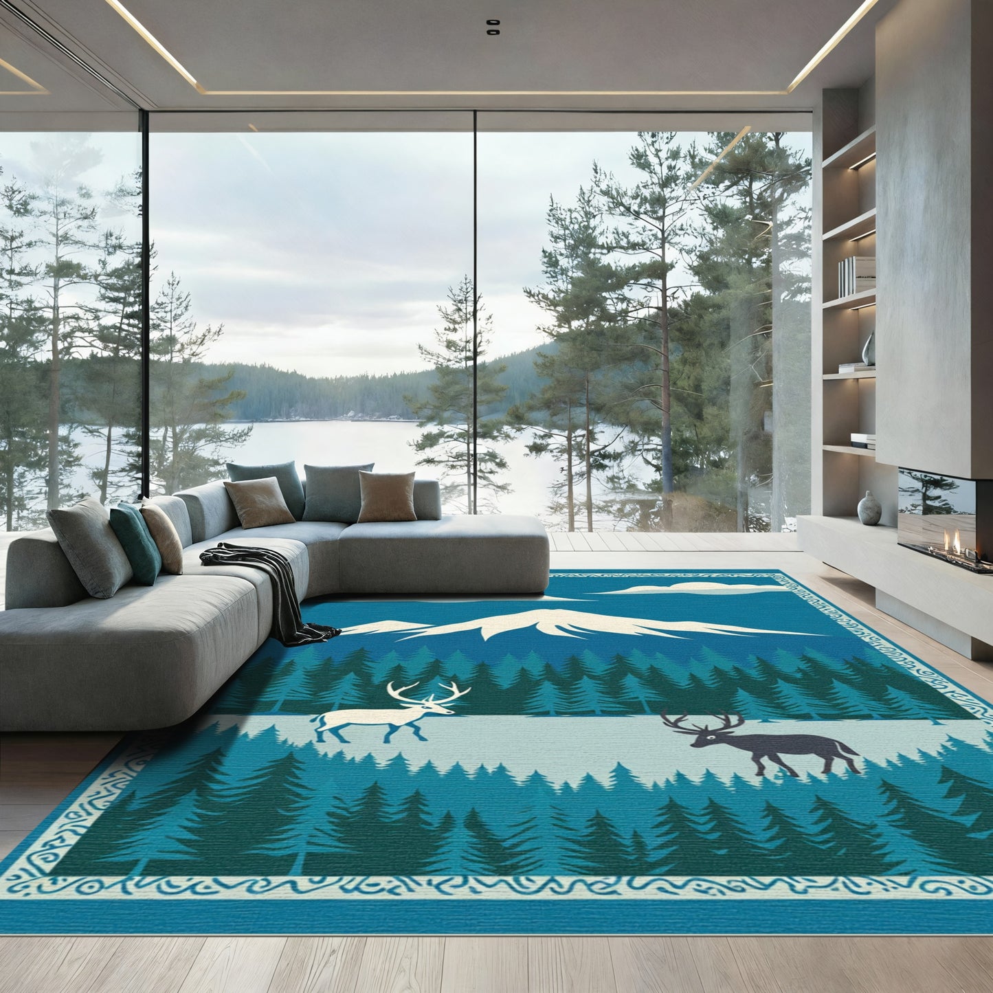 Winter Forest Deer Mountain Scene Rug