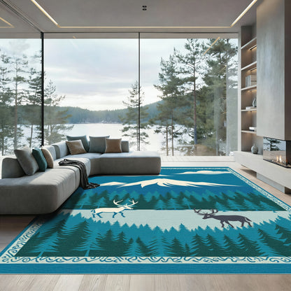 Winter Forest Deer Mountain Scene Rug