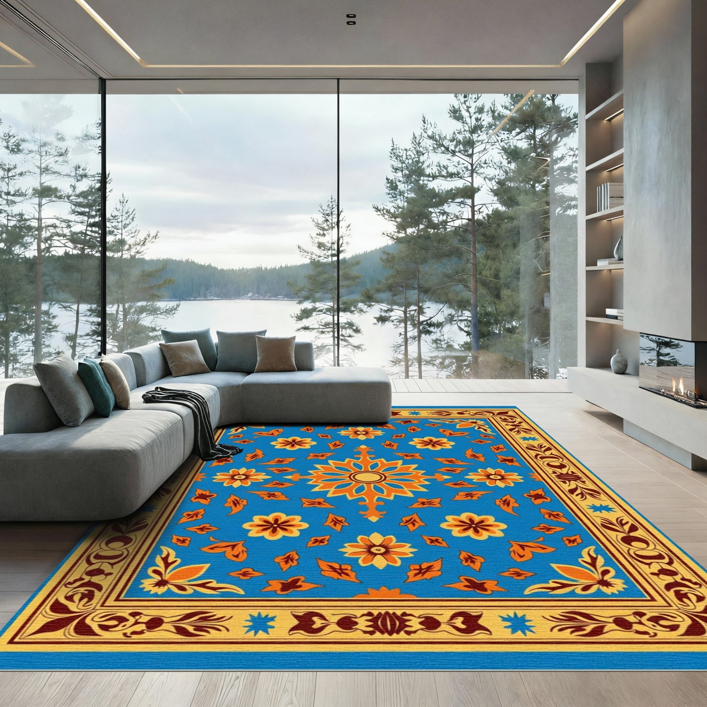 Golden Blue Floral Scatter Rug
