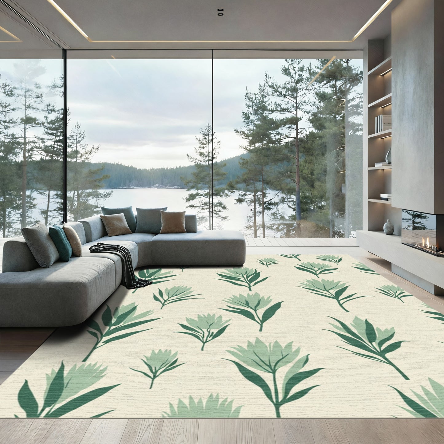 Sage Green Stylized Floral Garland Rug