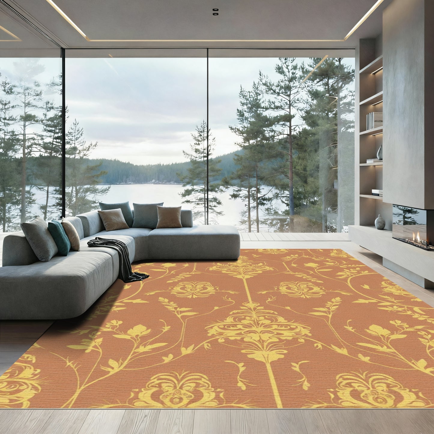 Terracotta Yellow Floral Baroque Scroll Rug