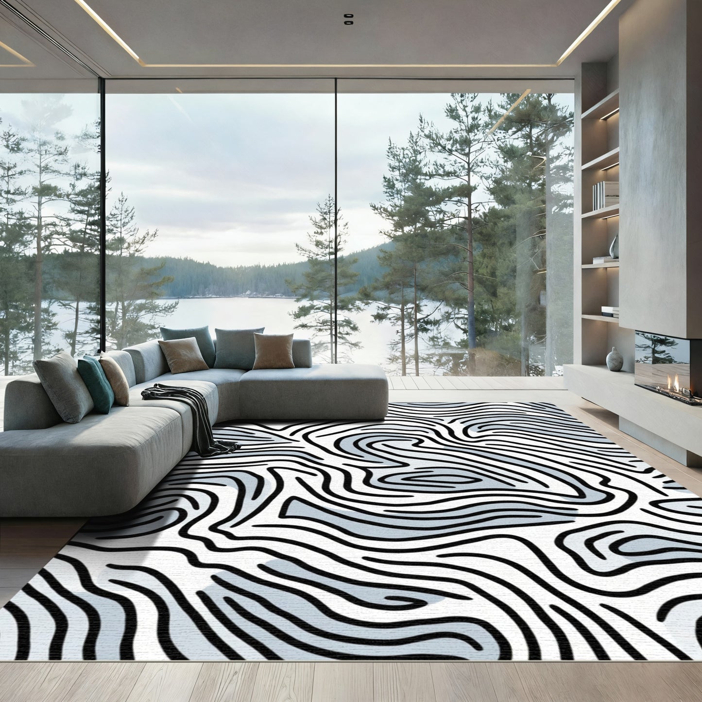 Black White Abstract Wavy Lines Rug