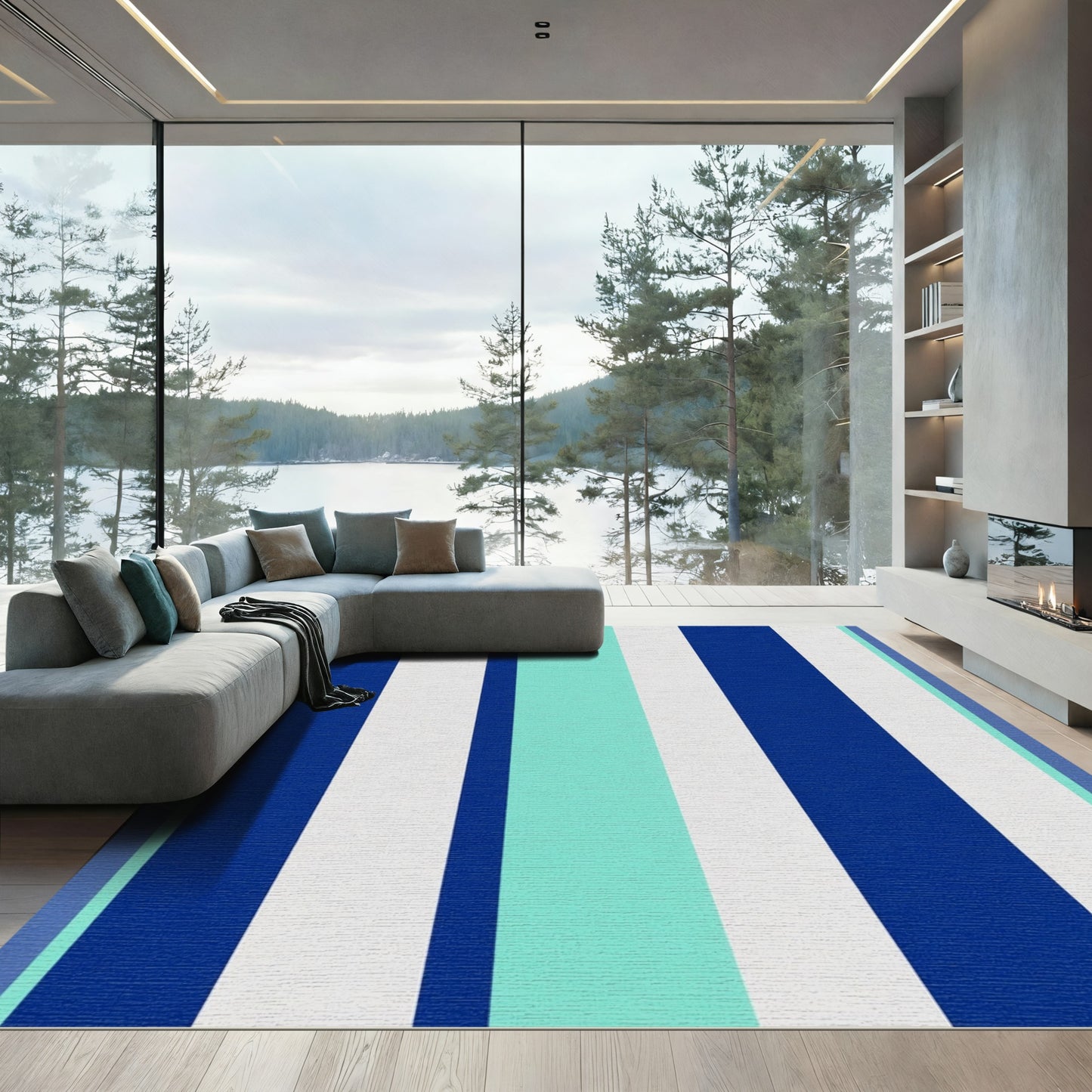 Bold Blue White Aqua Stripe Rug