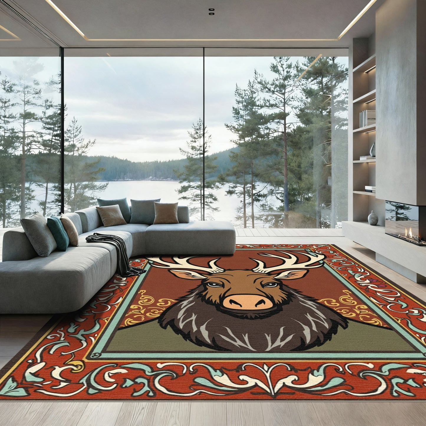 Rustic Deer With Ornate Red Border Rug