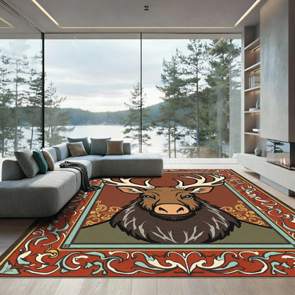 Rustic Deer With Ornate Red Border Rug