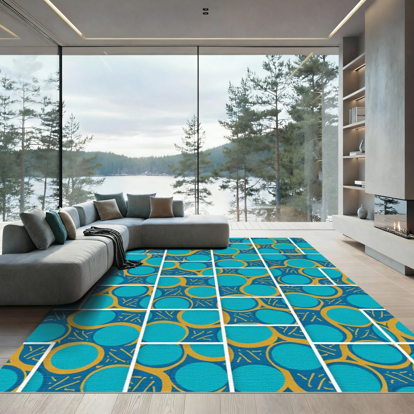 Teal Gold Abstract Circles Arrangement Rug