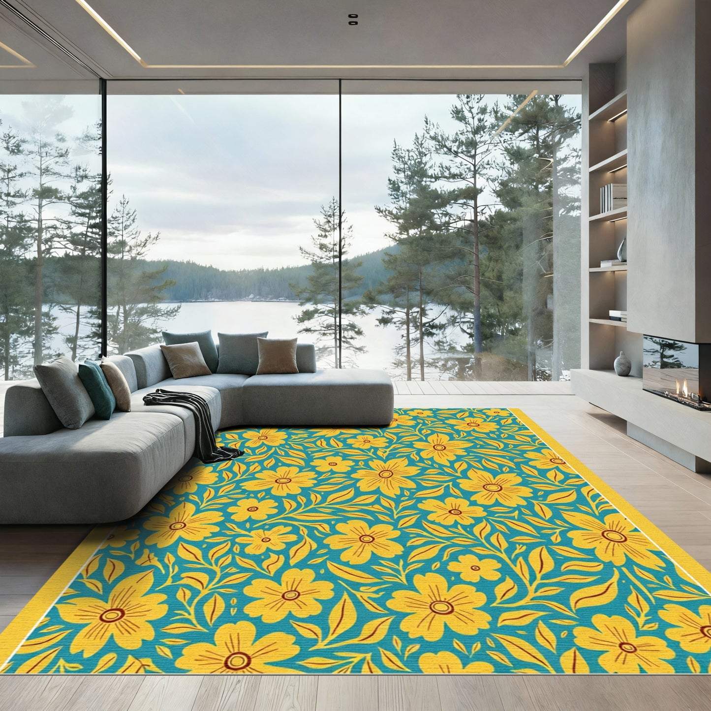 Vibrant Yellow Floral Teal Garden Rug