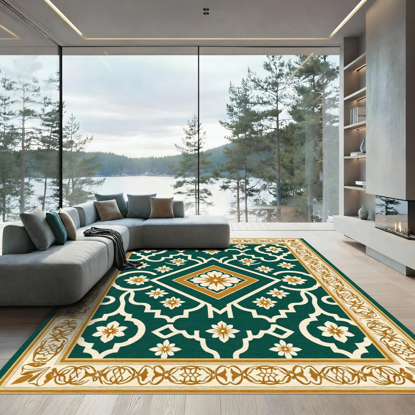 Emerald Ivory Golden Floral Lattice Rug