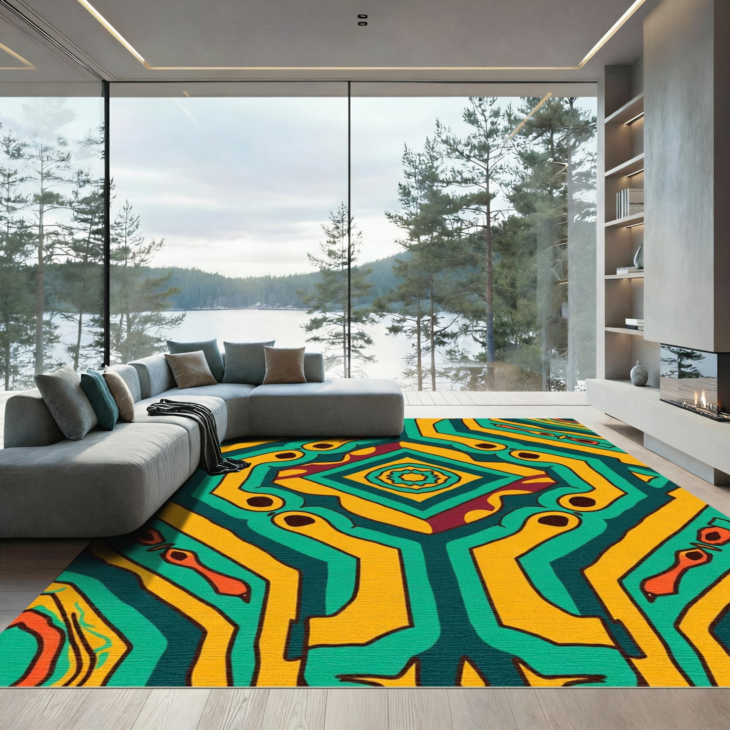 Bold Teal Yellow Symmetry Geometric Rug