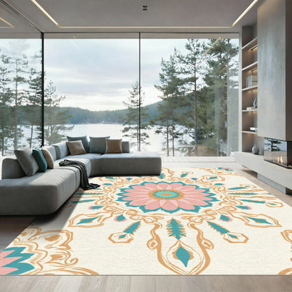 Pink Teal Golden Floral Medallion Rug