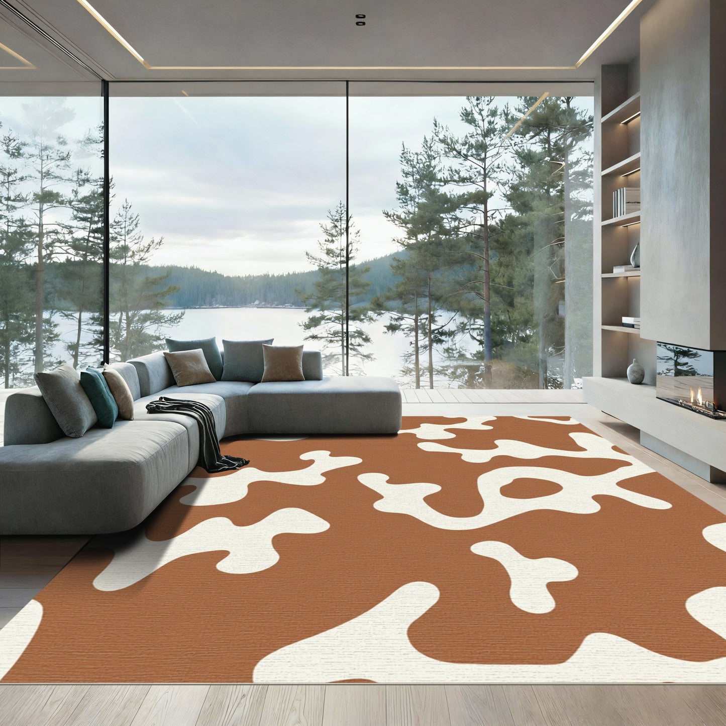 Terracotta and Cream Abstract Blobs Rug