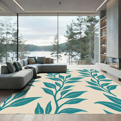 Teal Leaf Branches Beige Background Rug