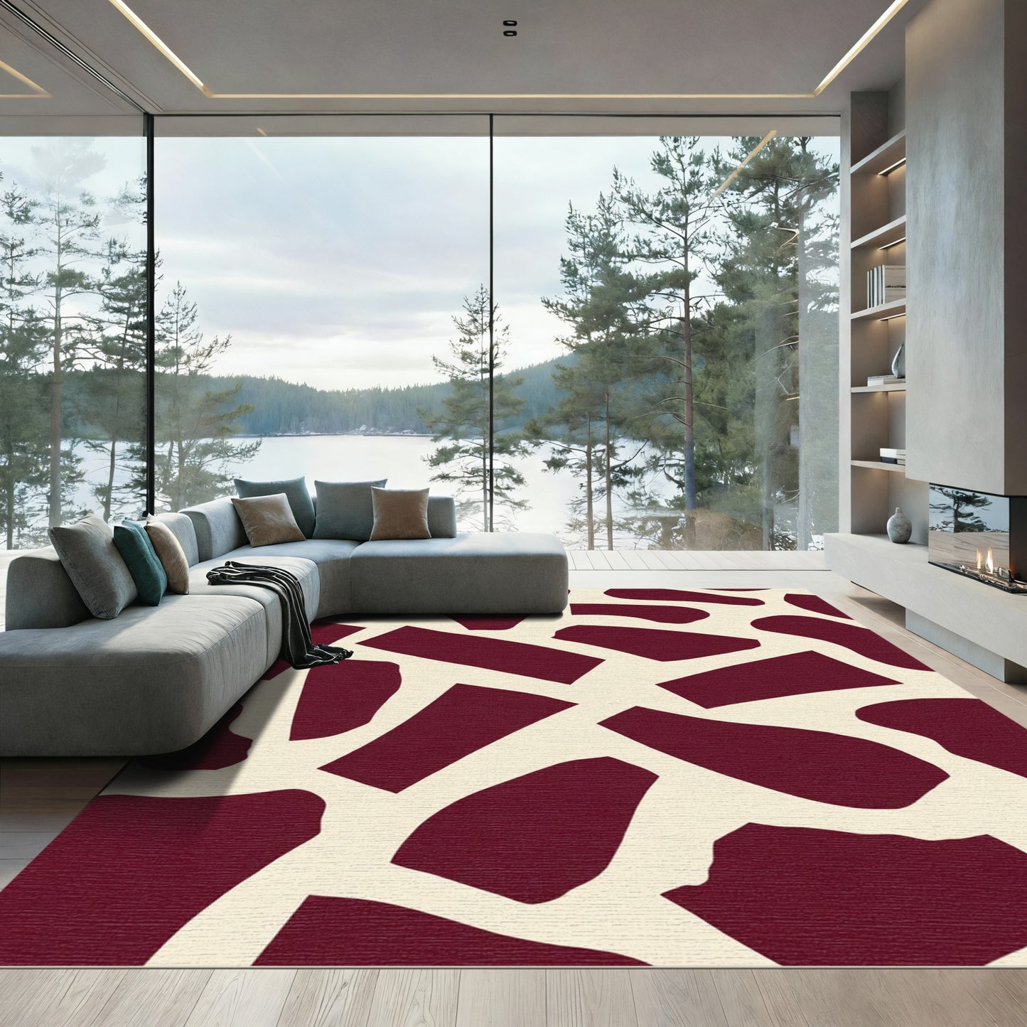 Deep Red Irregular Abstract Forms Rug