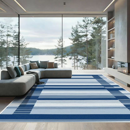 Deep Blue Multi Tone Striped Rectangular Rug